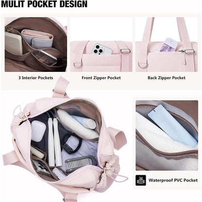 Pink Womenâ€™s Fluffy Nylon Gym Travel Tote Bag and Coin Purse Set - Side Drawstring Cup Holder, Front / Back Zipper Pockets and Wet & Dry Separation, Large Capacity and Lightweight 11.7 x 4.2 x 8"