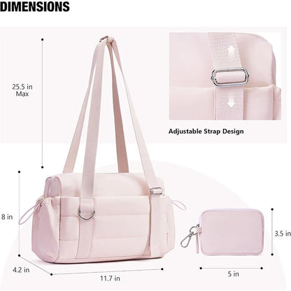 Pink Womenâ€™s Fluffy Nylon Gym Travel Tote Bag and Coin Purse Set - Side Drawstring Cup Holder, Front / Back Zipper Pockets and Wet & Dry Separation, Large Capacity and Lightweight 11.7 x 4.2 x 8"