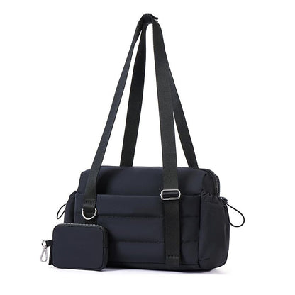 Black Womenâ€™s Fluffy Nylon Gym Travel Tote Bag and Coin Purse Set - Side Drawstring Cup Holder, Front / Back Zipper Pockets and Wet & Dry Separation, Large Capacity and Lightweight 11.7 x 4.2 x 8"