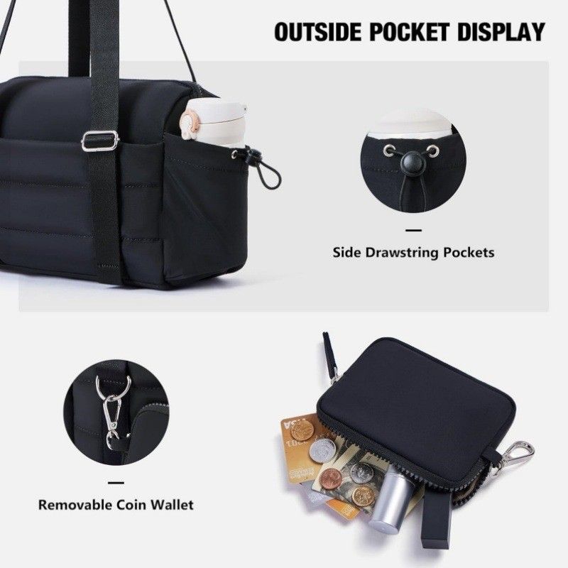 Black Womenâ€™s Fluffy Nylon Gym Travel Tote Bag and Coin Purse Set - Side Drawstring Cup Holder, Front / Back Zipper Pockets and Wet & Dry Separation, Large Capacity and Lightweight 11.7 x 4.2 x 8"