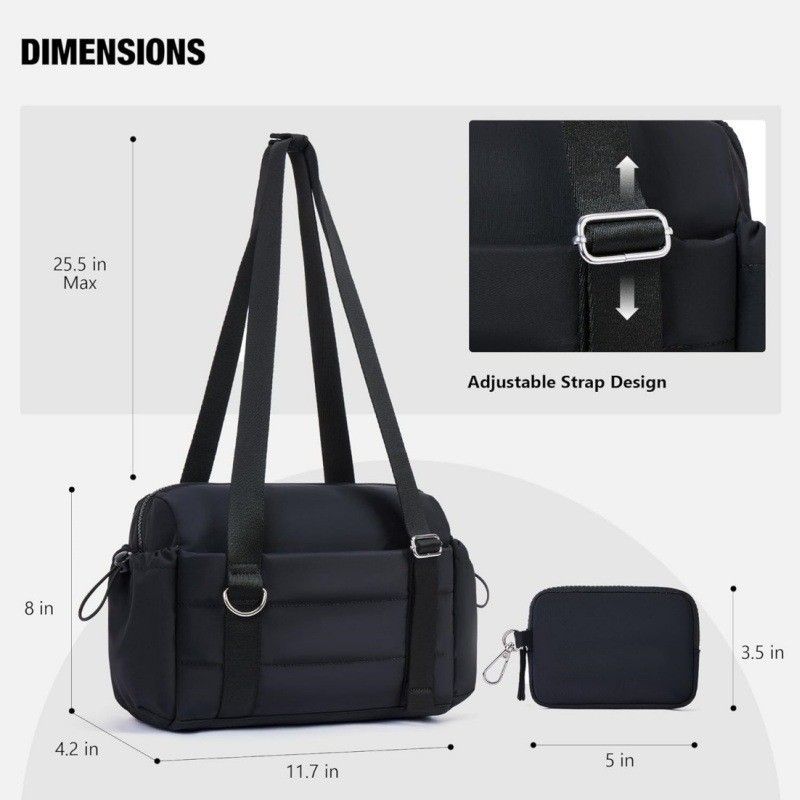 Black Womenâ€™s Fluffy Nylon Gym Travel Tote Bag and Coin Purse Set - Side Drawstring Cup Holder, Front / Back Zipper Pockets and Wet & Dry Separation, Large Capacity and Lightweight 11.7 x 4.2 x 8"
