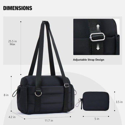 Black Womenâ€™s Fluffy Nylon Gym Travel Tote Bag and Coin Purse Set - Side Drawstring Cup Holder, Front / Back Zipper Pockets and Wet & Dry Separation, Large Capacity and Lightweight 11.7 x 4.2 x 8"