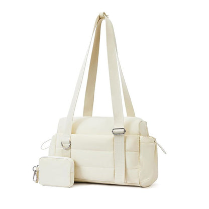 Beige Womenâ€™s Fluffy Nylon Gym Travel Tote Bag and Coin Purse Set - Side Drawstring Cup Holder, Front / Back Zipper Pockets and Wet & Dry Separation, Large Capacity and Lightweight 11.7 x 4.2 x 8"