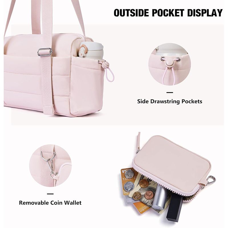 Beige Womenâ€™s Fluffy Nylon Gym Travel Tote Bag and Coin Purse Set - Side Drawstring Cup Holder, Front / Back Zipper Pockets and Wet & Dry Separation, Large Capacity and Lightweight 11.7 x 4.2 x 8"