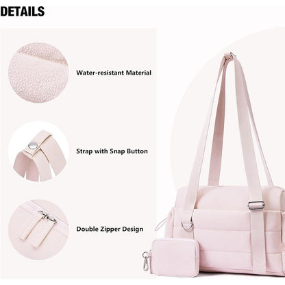 Beige Womenâ€™s Fluffy Nylon Gym Travel Tote Bag and Coin Purse Set - Side Drawstring Cup Holder, Front / Back Zipper Pockets and Wet & Dry Separation, Large Capacity and Lightweight 11.7 x 4.2 x 8"