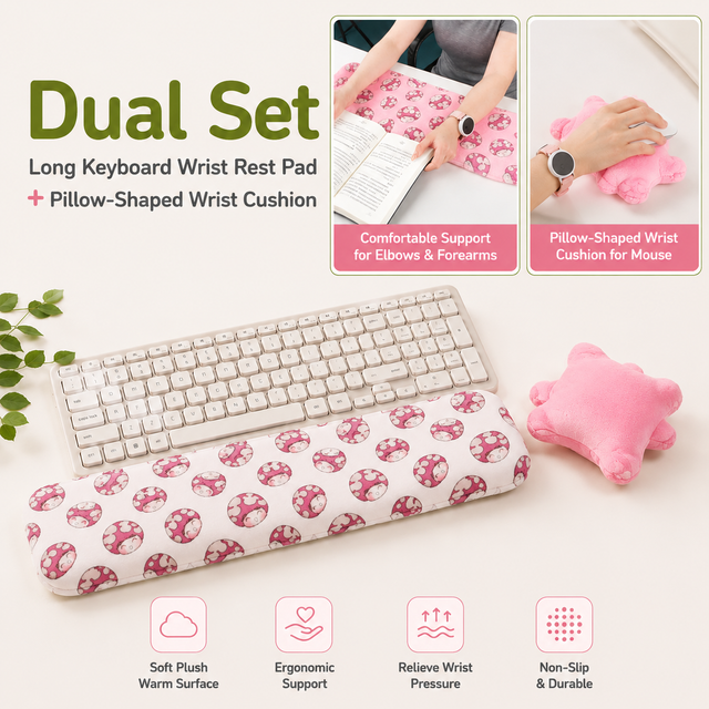 Pink Ergonomic Plush Wrist Rest 2PCS Set â€“ 80Ã—20cm Keyboard Wrist Pad + Pillow-Shaped Wrist Support Cushion with Strap (7.5Ã—7cm) â€“ Anti-Slip Memory Comfort Pad for Typing Gaming & Office Use