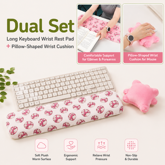 Pink Ergonomic Plush Wrist Rest 2PCS Set â€“ 80Ã—20cm Keyboard Wrist Pad + Pillow-Shaped Wrist Support Cushion with Strap (7.5Ã—7cm) â€“ Anti-Slip Memory Comfort Pad for Typing Gaming & Office Use