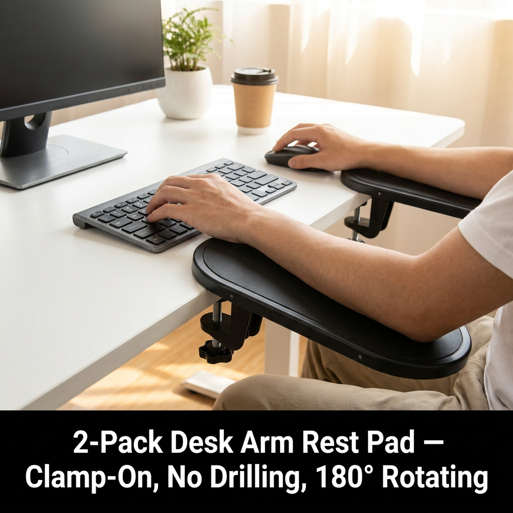 2 Pack Black 180Â° Rotating Ergonomic Arm Rest for Desk â€“ Clamp On Computer Wrist & Elbow Support, No-Drill Installation (27Ã—14cm)