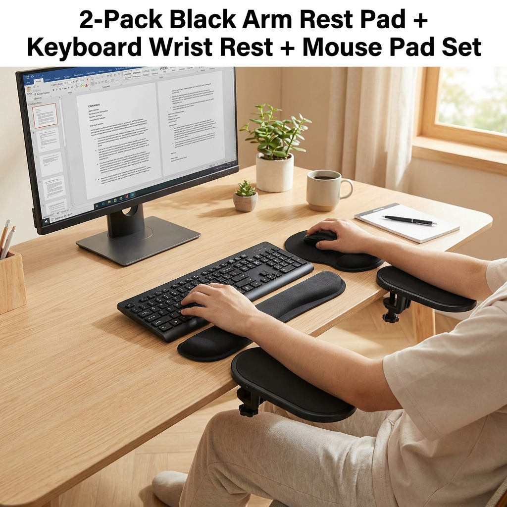 4-Piece Black Ergonomic Desk Arm Rest & Wrist Support Set with 2 Pack Clamp-On 180Â° Rotating Arm Rests + Memory Foam Keyboard Wrist Rest + Mouse Wrist Pad - Anti-Slip, Easy Clean and Pressure Relief for Home Office & Gaming Use