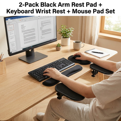 4-Piece Black Ergonomic Desk Arm Rest & Wrist Support Set with 2 Pack Clamp-On 180Â° Rotating Arm Rests + Memory Foam Keyboard Wrist Rest + Mouse Wrist Pad - Anti-Slip, Easy Clean and Pressure Relief for Home Office & Gaming Use