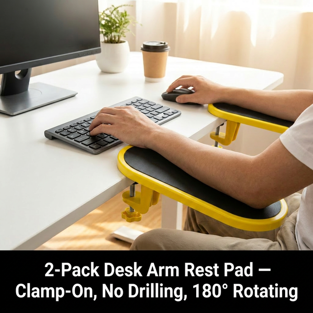 2 Pack Black Yellow 180Â° Rotating Ergonomic Arm Rest for Desk â€“ Clamp On Computer Wrist & Elbow Support, No-Drill Installation (27Ã—14cm)