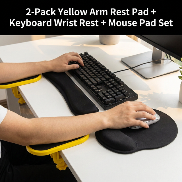 4-Piece Black Yellow Ergonomic Desk Arm Rest & Wrist Support Set with 2 Pack Clamp-On 180Â° Rotating Arm Rests + Memory Foam Keyboard Wrist Rest + Mouse Wrist Pad - Anti-Slip, Easy Clean and Pressure Relief for Home Office & Gaming Use