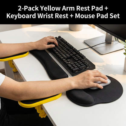 4-Piece Black Yellow Ergonomic Desk Arm Rest & Wrist Support Set with 2 Pack Clamp-On 180Â° Rotating Arm Rests + Memory Foam Keyboard Wrist Rest + Mouse Wrist Pad - Anti-Slip, Easy Clean and Pressure Relief for Home Office & Gaming Use