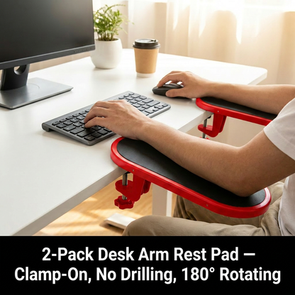 2 Pack Black Red 180Â° Rotating Ergonomic Arm Rest for Desk â€“ Clamp On Computer Wrist & Elbow Support, No-Drill Installation (27Ã—14cm)