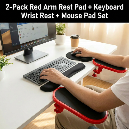 4-Piece Black Red Ergonomic Desk Arm Rest & Wrist Support Set with 2 Pack Clamp-On 180Â° Rotating Arm Rests + Memory Foam Keyboard Wrist Rest + Mouse Wrist Pad - Anti-Slip, Easy Clean and Pressure Relief for Home Office & Gaming Use