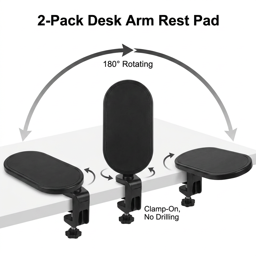 4-Piece Black Red Ergonomic Desk Arm Rest & Wrist Support Set with 2 Pack Clamp-On 180Â° Rotating Arm Rests + Memory Foam Keyboard Wrist Rest + Mouse Wrist Pad - Anti-Slip, Easy Clean and Pressure Relief for Home Office & Gaming Use