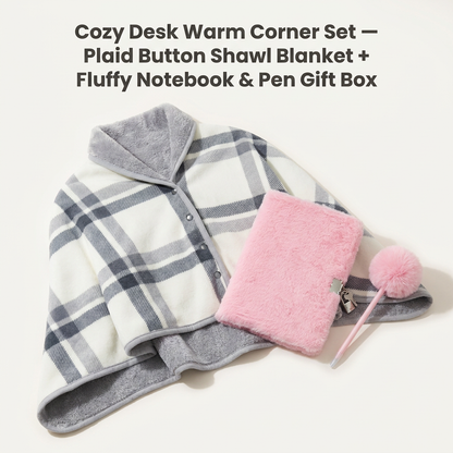 Warm Cozy Study and Office Corner Set with Wearable Dual Layer Fleece Shawl Blanket and Fluffy Plush A5 Lock Diary & Pen Gift Box - Plaid Thermal Nap Wrap and Pink Cute Stationery Kit for Workers and Students