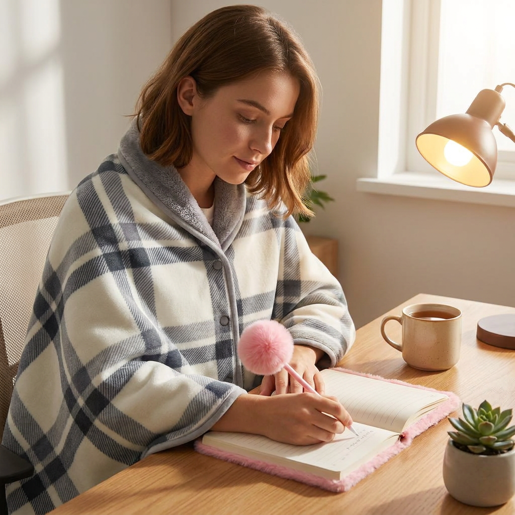 Warm Cozy Study and Office Corner Set with Wearable Dual Layer Fleece Shawl Blanket and Fluffy Plush A5 Lock Diary & Pen Gift Box - Plaid Thermal Nap Wrap and Pink Cute Stationery Kit for Workers and Students