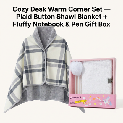Warm Cozy Study and Office Corner Set with Wearable Dual Layer Fleece Shawl Blanket and Fluffy Plush A5 Lock Diary & Pen Gift Box - Plaid Thermal Nap Wrap and White Cute Stationery Kit for Workers and Students