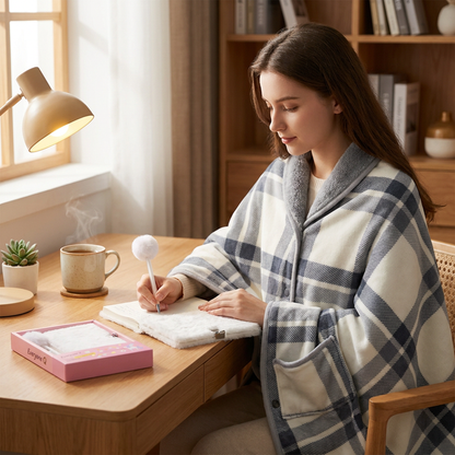 Warm Cozy Study and Office Corner Set with Wearable Dual Layer Fleece Shawl Blanket and Fluffy Plush A5 Lock Diary & Pen Gift Box - Plaid Thermal Nap Wrap and White Cute Stationery Kit for Workers and Students