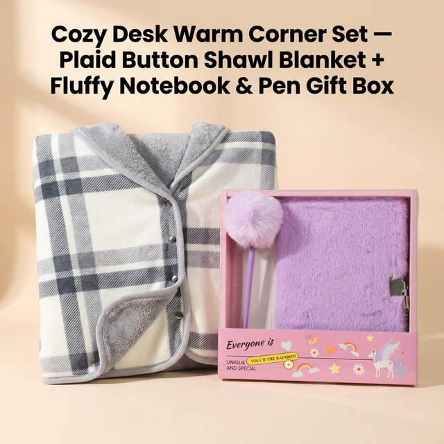 Warm Cozy Study and Office Corner Set with Wearable Dual Layer Fleece Shawl Blanket and Fluffy Plush A5 Lock Diary & Pen Gift Box - Plaid Thermal Nap Wrap and Purple Cute Stationery Kit for Workers and Students