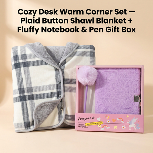 Warm Cozy Study and Office Corner Set with Wearable Dual Layer Fleece Shawl Blanket and Fluffy Plush A5 Lock Diary & Pen Gift Box - Plaid Thermal Nap Wrap and Purple Cute Stationery Kit for Workers and Students