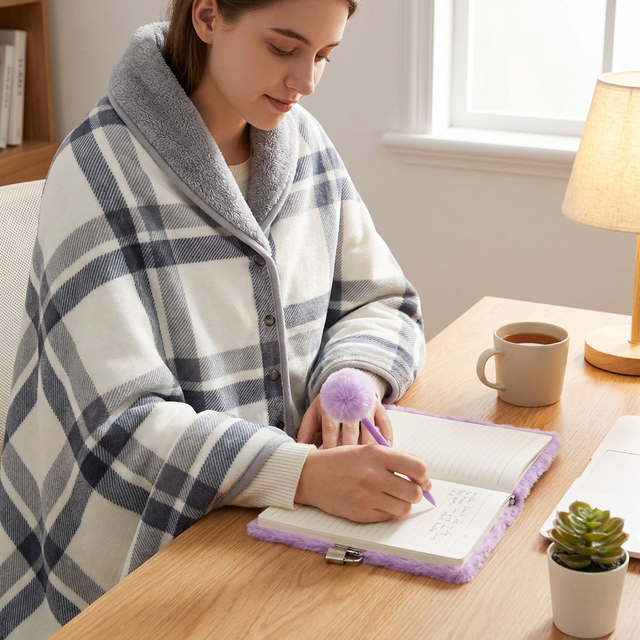 Warm Cozy Study and Office Corner Set with Wearable Dual Layer Fleece Shawl Blanket and Fluffy Plush A5 Lock Diary & Pen Gift Box - Plaid Thermal Nap Wrap and Purple Cute Stationery Kit for Workers and Students