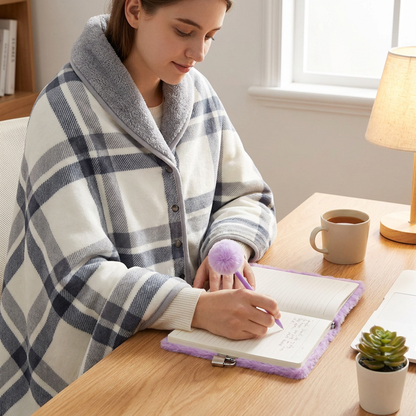 Warm Cozy Study and Office Corner Set with Wearable Dual Layer Fleece Shawl Blanket and Fluffy Plush A5 Lock Diary & Pen Gift Box - Plaid Thermal Nap Wrap and Purple Cute Stationery Kit for Workers and Students