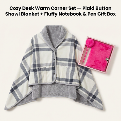 Warm Cozy Study and Office Corner Set with Wearable Dual Layer Fleece Shawl Blanket and Fluffy Plush A5 Lock Diary & Pen Gift Box - Plaid Thermal Nap Wrap and Rose Red Cute Stationery Kit for Workers and Students