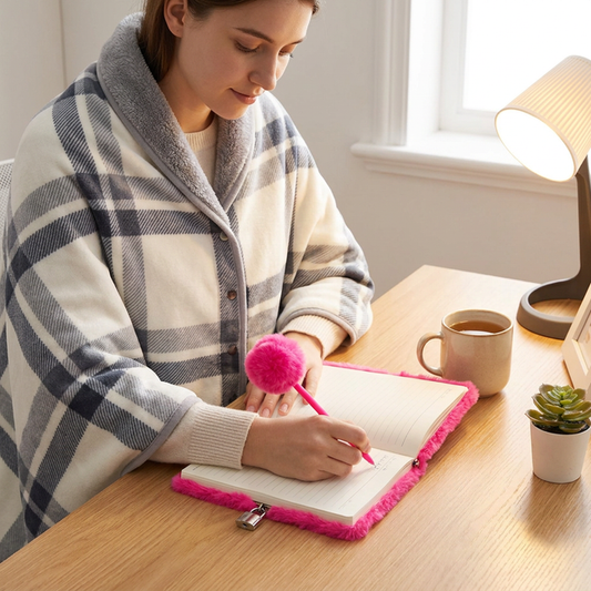 Warm Cozy Study and Office Corner Set with Wearable Dual Layer Fleece Shawl Blanket and Fluffy Plush A5 Lock Diary & Pen Gift Box - Plaid Thermal Nap Wrap and Rose Red Cute Stationery Kit for Workers and Students