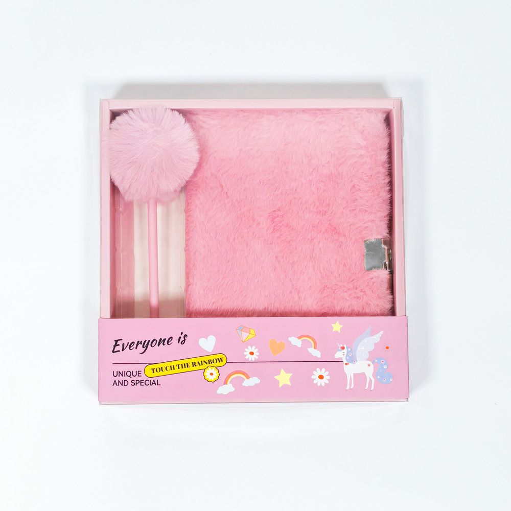 Pink Plush A5 Notebook and Pom Pom Pen Gift Box with Privacy Lock & Key - Soft Faux Fur Diary, Secure Personal Journal, Perfect Gift-Ready Stationery for Girls and Teens