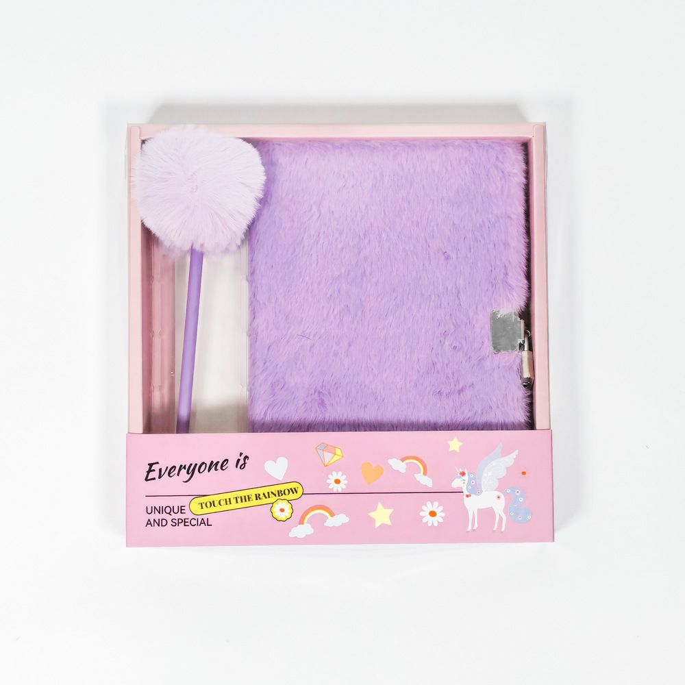Purple Plush A5 Notebook and Pom Pom Pen Gift Box with Privacy Lock & Key - Soft Faux Fur Diary, Secure Personal Journal, Perfect Gift-Ready Stationery for Girls and Teens