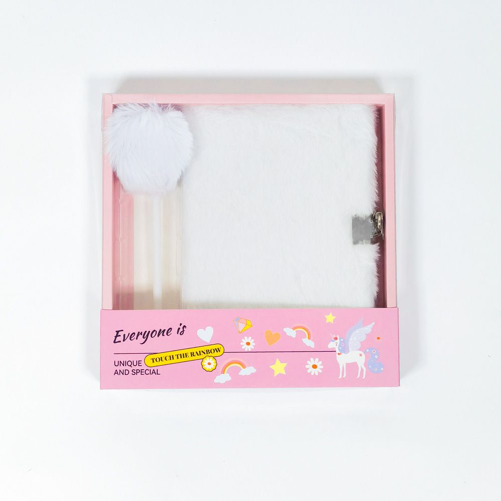 White Plush A5 Notebook and Pom Pom Pen Gift Box with Privacy Lock & Key - Soft Faux Fur Diary, Secure Personal Journal, Perfect Gift-Ready Stationery for Girls and Teens