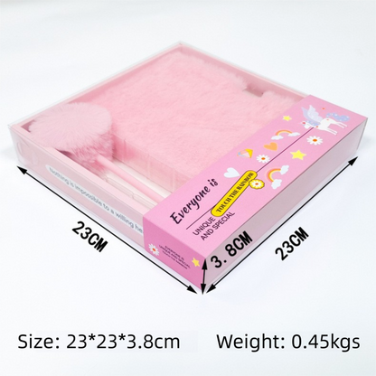 White Plush A5 Notebook and Pom Pom Pen Gift Box with Privacy Lock & Key - Soft Faux Fur Diary, Secure Personal Journal, Perfect Gift-Ready Stationery for Girls and Teens