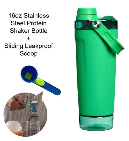 Green Sports Nutritional Drinkware Set with 16oz Stainless Steel Protein Shaker Bottle and Sliding Anti-spill Scoop - Vacuum Insulated Gym Flask with Detachable Bottom Storage Capsule and Quick-Open Lid, Filter Net & Portable Handle for Gym and Outdoor Wo