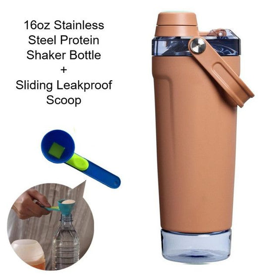 Coffee Sports Nutritional Drinkware Set with 16oz Stainless Steel Protein Shaker Bottle and Sliding Anti-spill Scoop - Vacuum Insulated Gym Flask with Detachable Bottom Storage Capsule and Quick-Open Lid, Filter Net & Portable Handle for Gym and Outdoor W