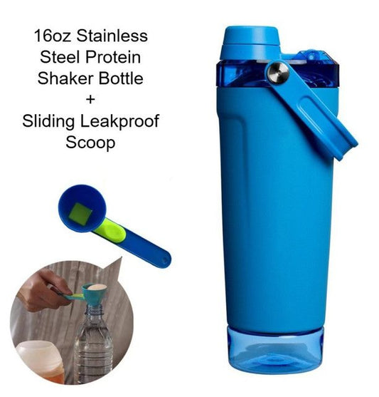 Blue Sports Nutritional Drinkware Set with 16oz Stainless Steel Protein Shaker Bottle and Sliding Anti-spill Scoop - Vacuum Insulated Gym Flask with Detachable Bottom Storage Capsule and Quick-Open Lid, Filter Net & Portable Handle for Gym and Outdoor Wo