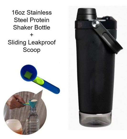 Black Sports Nutritional Drinkware Set with 16oz Stainless Steel Protein Shaker Bottle and Sliding Anti-spill Scoop - Vacuum Insulated Gym Flask with Detachable Bottom Storage Capsule and Quick-Open Lid, Filter Net & Portable Handle for Gym and Outdoor Wo