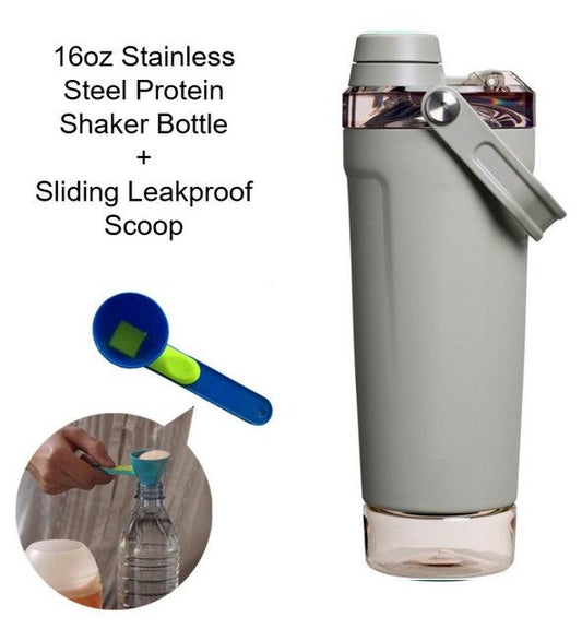 Grey Sports Nutritional Drinkware Set with 16oz Stainless Steel Protein Shaker Bottle and Sliding Anti-spill Scoop - Vacuum Insulated Gym Flask with Detachable Bottom Storage Capsule and Quick-Open Lid, Filter Net & Portable Handle for Gym and Outdoor Wo
