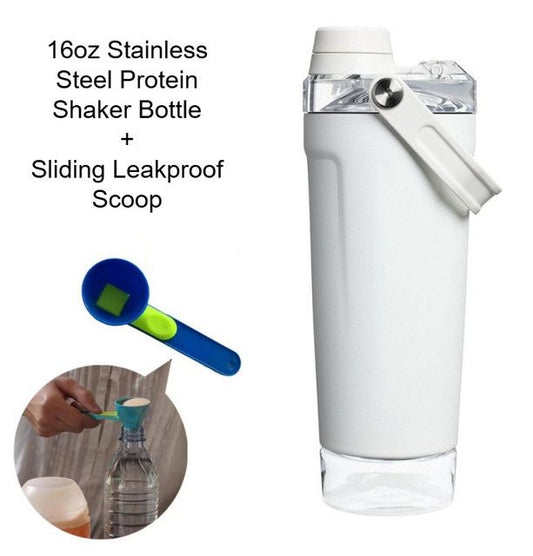 White Sports Nutritional Drinkware Set with 16oz Stainless Steel Protein Shaker Bottle and Sliding Anti-spill Scoop - Vacuum Insulated Gym Flask with Detachable Bottom Storage Capsule and Quick-Open Lid, Filter Net & Portable Handle for Gym and Outdoor Wo