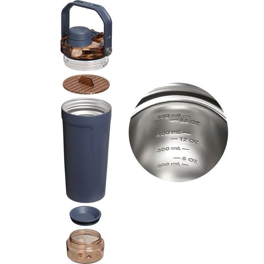 White Sports Nutritional Drinkware Set with 16oz Stainless Steel Protein Shaker Bottle and Sliding Anti-spill Scoop - Vacuum Insulated Gym Flask with Detachable Bottom Storage Capsule and Quick-Open Lid, Filter Net & Portable Handle for Gym and Outdoor Wo