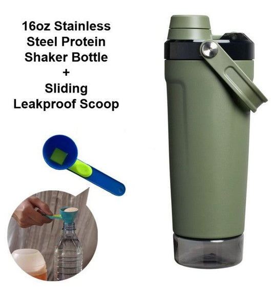 Olive Green Sports Nutritional Drinkware Set with 16oz Stainless Steel Protein Shaker Bottle and Sliding Anti-spill Scoop - Vacuum Insulated Gym Flask with Detachable Bottom Storage Capsule and Quick-Open Lid, Filter Net & Portable Handle for Gym and Outd
