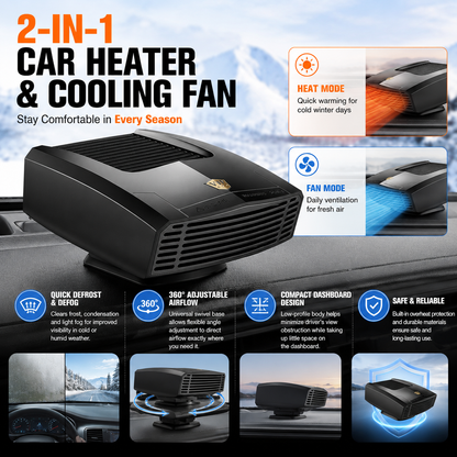 Black Portable Car Heater Fan with 360Â° Adjustable Base, Fast Defrost & Demister, Dual Mode Heat & Cooling Fan, Quiet Constant Tempe Dashboard Heater for Cars Winter Driving (12V / 150W)