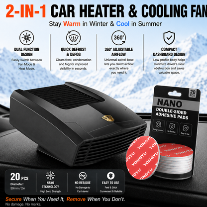Black Compact 360Â° Adjustable Car Heater Fan with 20PCS Removable Nano Double Sided Adhesive Pads - Fast Defrost & Demister, Dual Mode Heat & Cooling Fan, Free No Trace Mounting Kit for Car Interior and Home Use