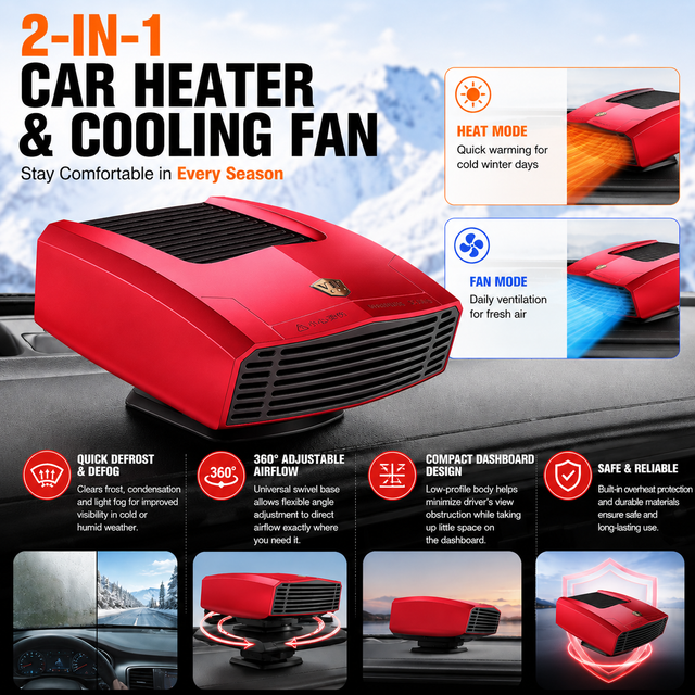 Red Compact Car Heater Fan with 360Â° Adjustable Base, Fast Defrost & Demister, Dual Mode Heat & Cooling Fan, Quiet Constant Tempe Dashboard Heater for Cars Winter Driving (12V / 150W)