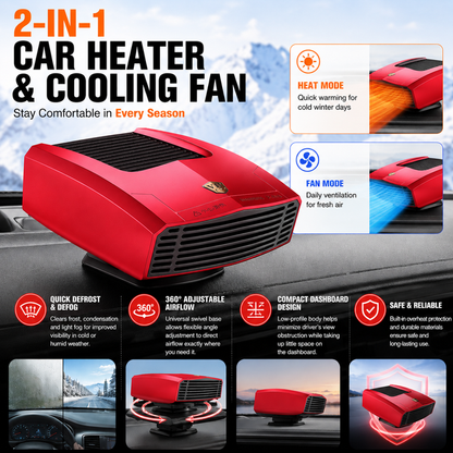 Red Compact Car Heater Fan with 360Â° Adjustable Base, Fast Defrost & Demister, Dual Mode Heat & Cooling Fan, Quiet Constant Tempe Dashboard Heater for Cars Winter Driving (12V / 150W)