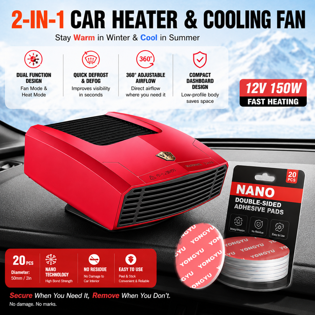Red Compact 360Â° Adjustable Car Heater Fan with 20PCS Removable Nano Double Sided Adhesive Pads - Fast Defrost & Demister, Dual Mode Heat & Cooling Fan, Free No Trace Mounting Kit for Car Interior and Home Use