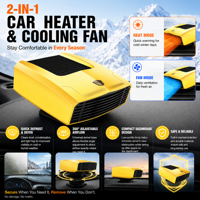 Yellow Compact Car Heater Fan with 360Â° Adjustable Base, Fast Defrost & Demister, Dual Mode Heat & Cooling Fan, Quiet Constant Tempe Dashboard Heater for Cars Winter Driving (12V / 150W)