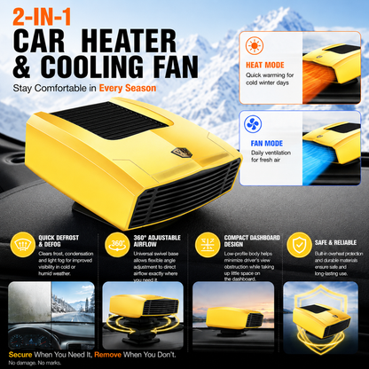 Yellow Compact Car Heater Fan with 360Â° Adjustable Base, Fast Defrost & Demister, Dual Mode Heat & Cooling Fan, Quiet Constant Tempe Dashboard Heater for Cars Winter Driving (12V / 150W)