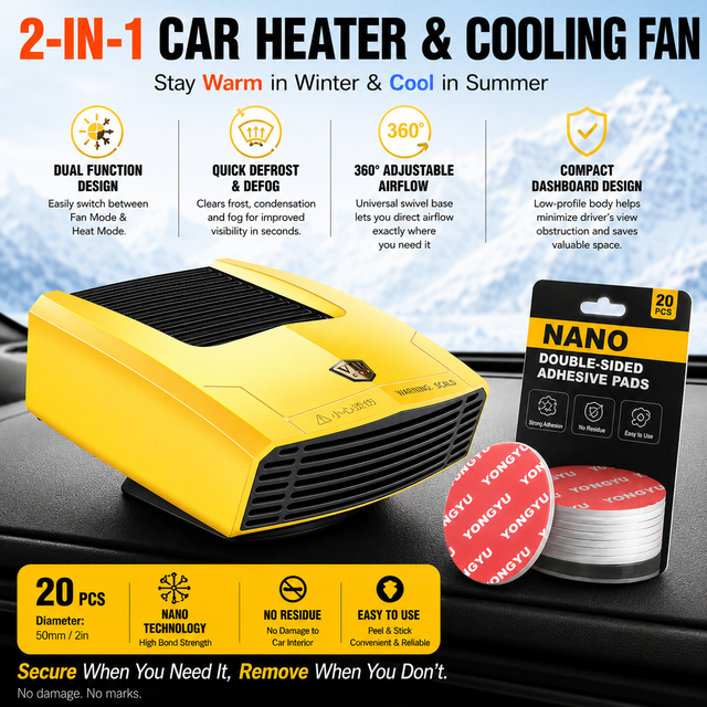 Yellow Compact 360Â° Adjustable Car Heater Fan with 20PCS Removable Nano Double Sided Adhesive Pads - Fast Defrost & Demister, Dual Mode Heat & Cooling Fan, Free No Trace Mounting Kit for Car Interior and Home Use
